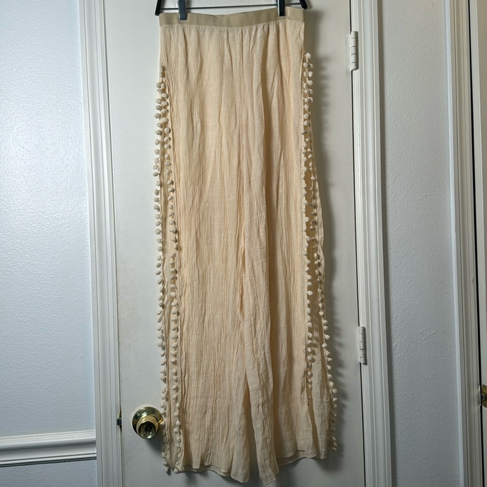 Cream Coverup Tropical Gauzey Flowy Pants w/ Slits and Tassel Detail Size Large